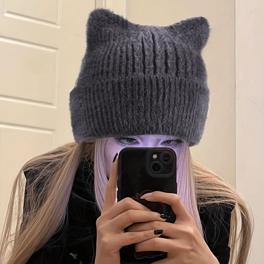 Knit Beanie with Cat Ears, Soft Stretchy Winter Hat