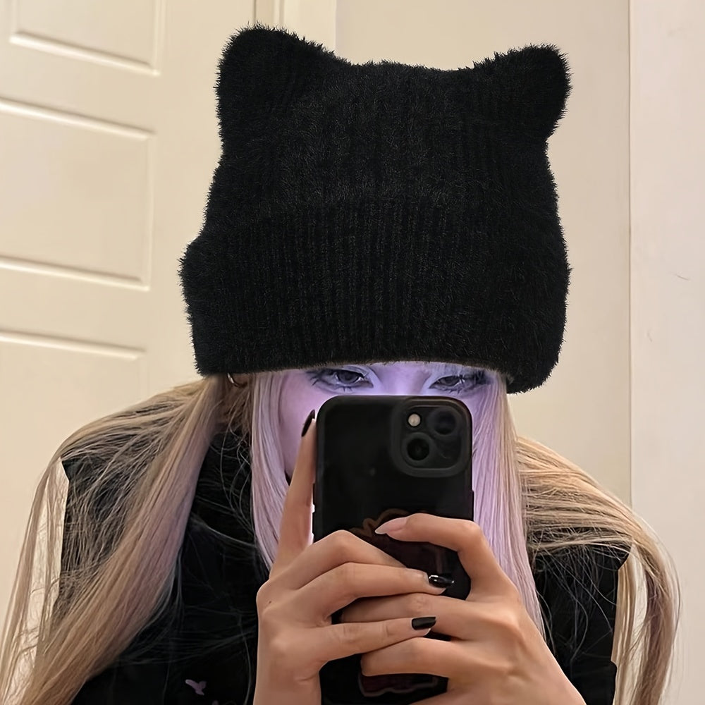 Knit Beanie with Cat Ears, Soft Stretchy Winter Hat