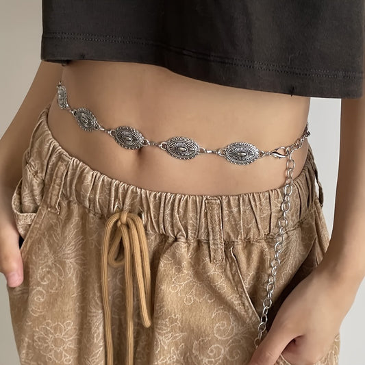 Vintage Ethnic Style Carved Silvery Chain Belt