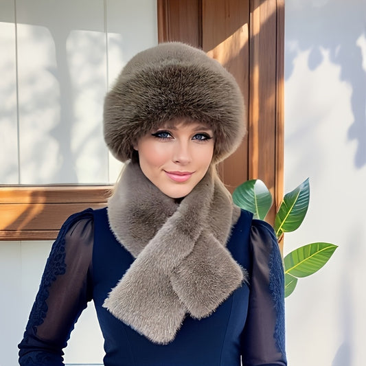 2pcs Set: Cozy Faux Fur Hat & Scarf Combo - Warm, Knit Winter Ear Warmer with Button Closure