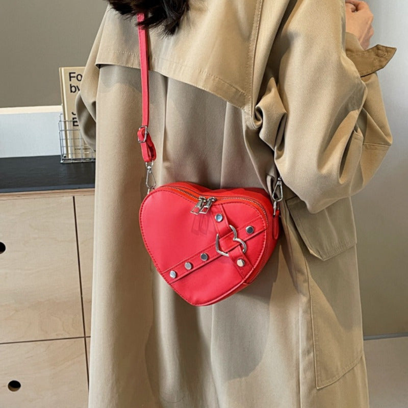 Chic Rivet Solid Color Crossbody Bag - Heart Design