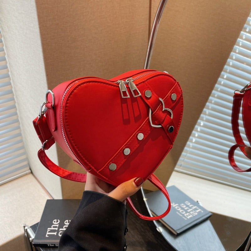 Chic Rivet Solid Color Crossbody Bag - Heart Design