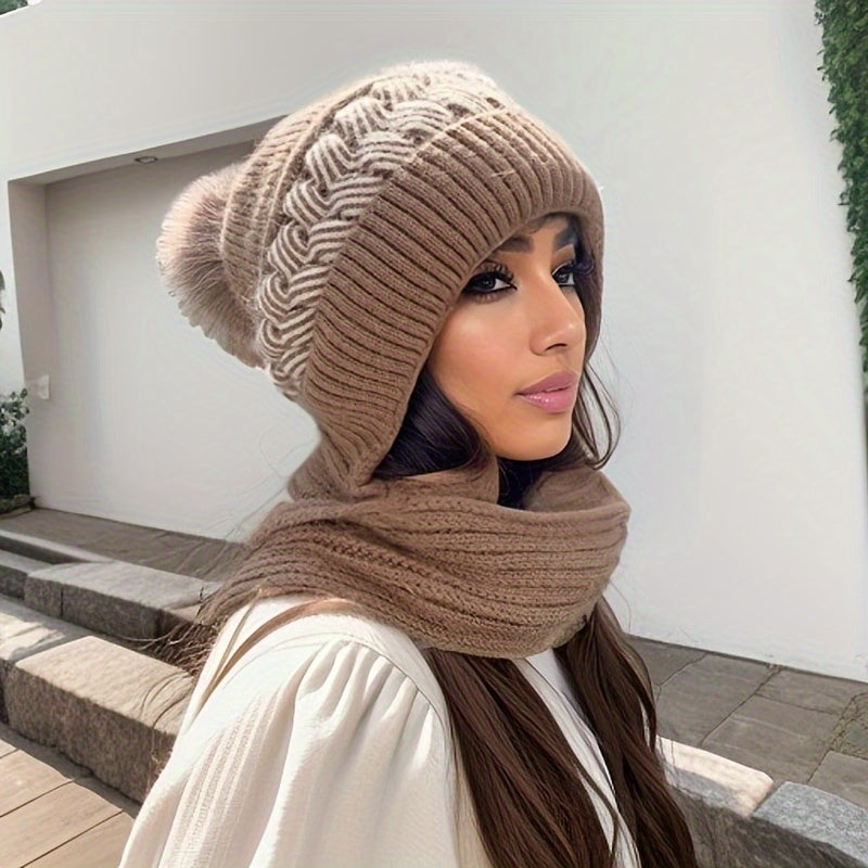 1pc Knit Fabric Polyester Beanie with Toggle Closure and Plush Pom-Pom, Stretch Lightweight Hooded Scarf Combo, Hand Wash Only Fall/Winter Hat for Women