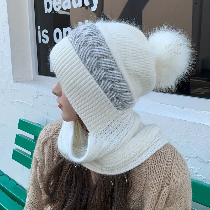 1pc Knit Fabric Polyester Beanie with Toggle Closure and Plush Pom-Pom, Stretch Lightweight Hooded Scarf Combo, Hand Wash Only Fall/Winter Hat for Women