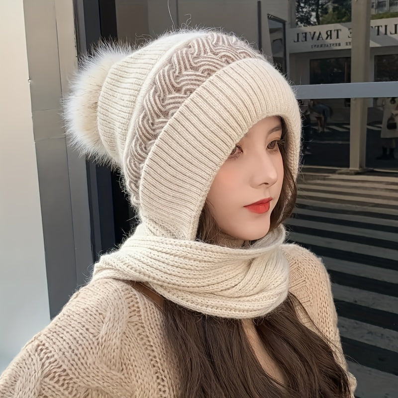 1pc Knit Fabric Polyester Beanie with Toggle Closure and Plush Pom-Pom, Stretch Lightweight Hooded Scarf Combo, Hand Wash Only Fall/Winter Hat for Women