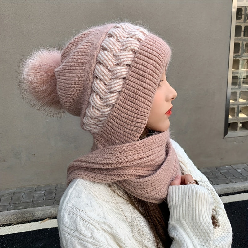 1pc Knit Fabric Polyester Beanie with Toggle Closure and Plush Pom-Pom, Stretch Lightweight Hooded Scarf Combo, Hand Wash Only Fall/Winter Hat for Women