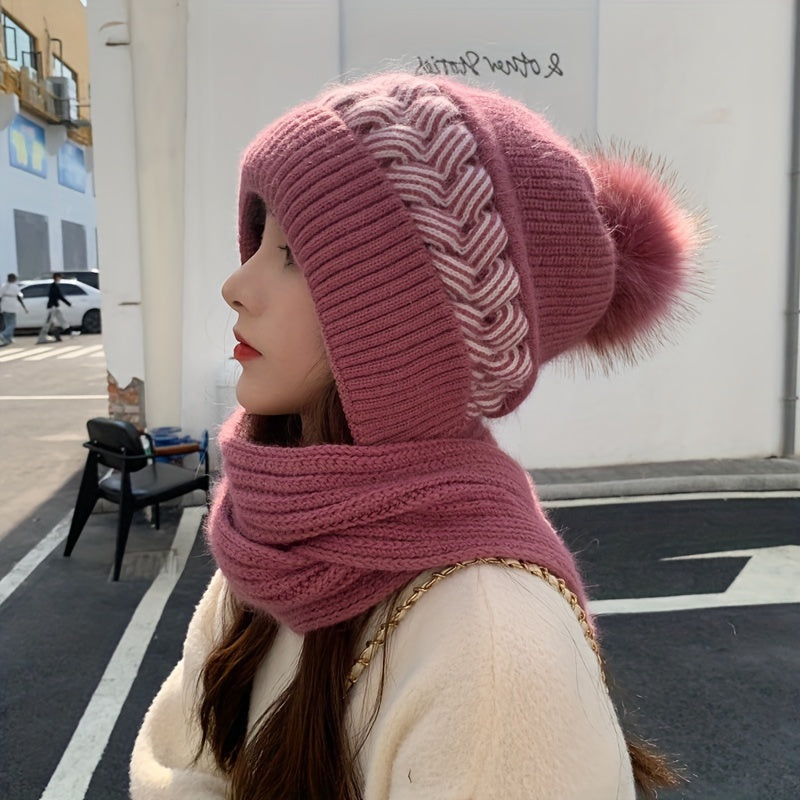 1pc Knit Fabric Polyester Beanie with Toggle Closure and Plush Pom-Pom, Stretch Lightweight Hooded Scarf Combo, Hand Wash Only Fall/Winter Hat for Women