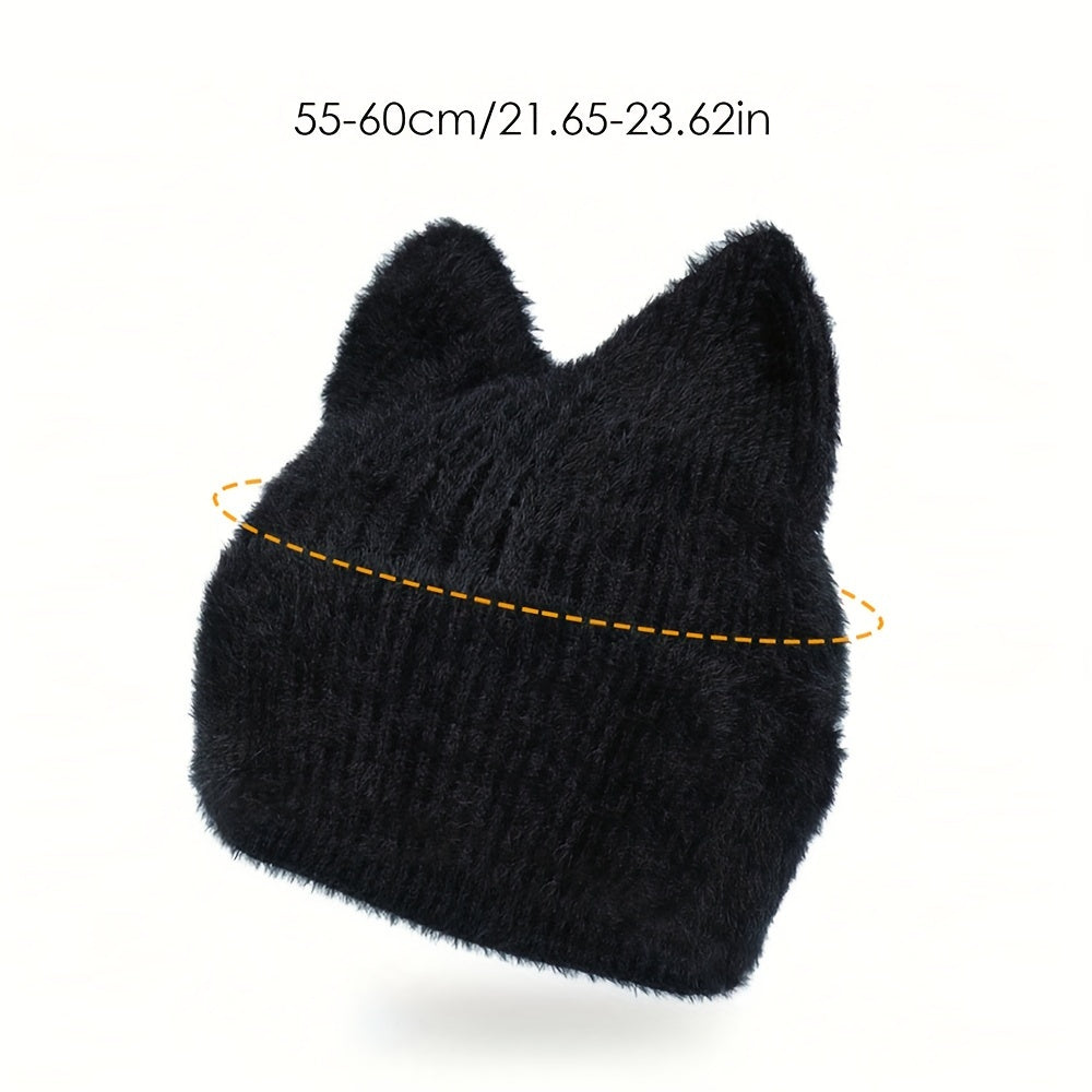 Knit Beanie with Cat Ears, Soft Stretchy Winter Hat