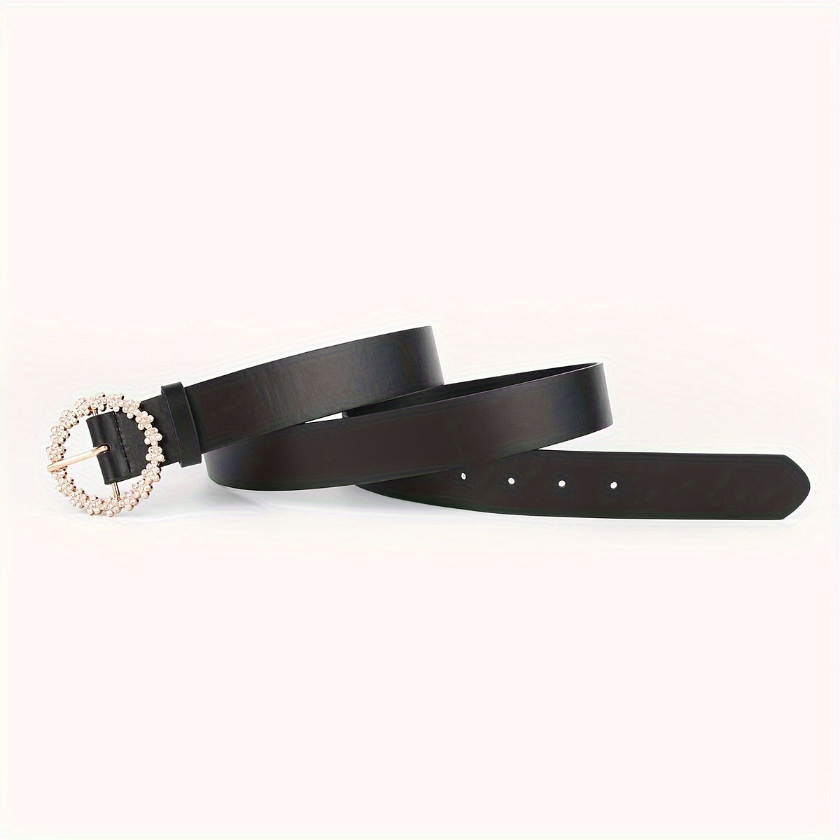 Chic Black PU Leather Belt with Rhinestone Buckle