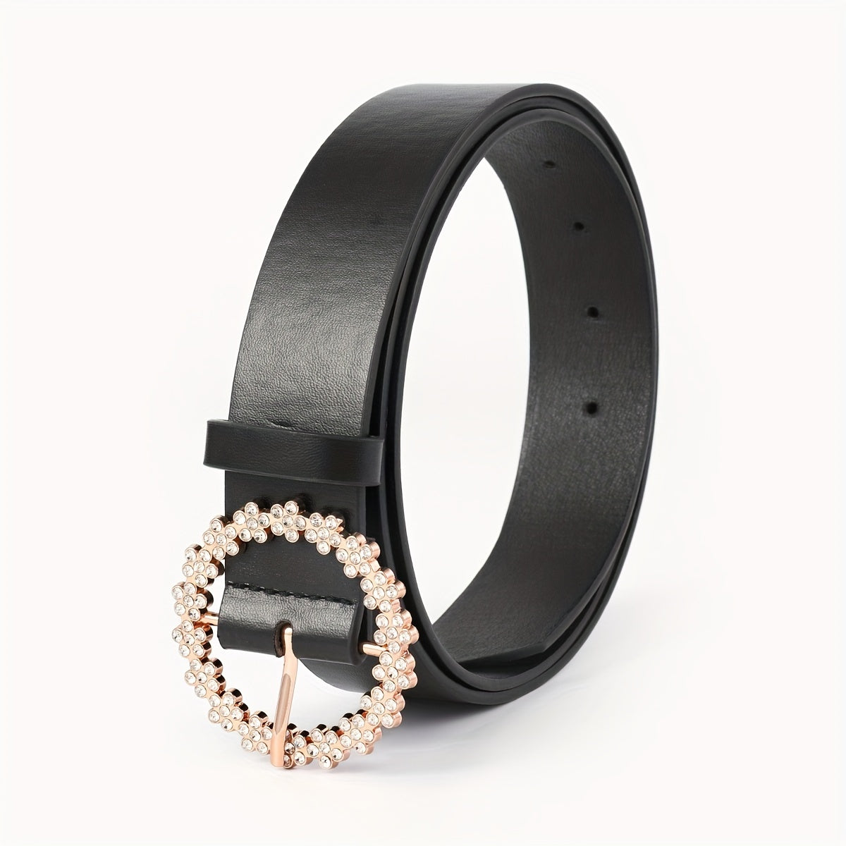 Chic Black PU Leather Belt with Rhinestone Buckle