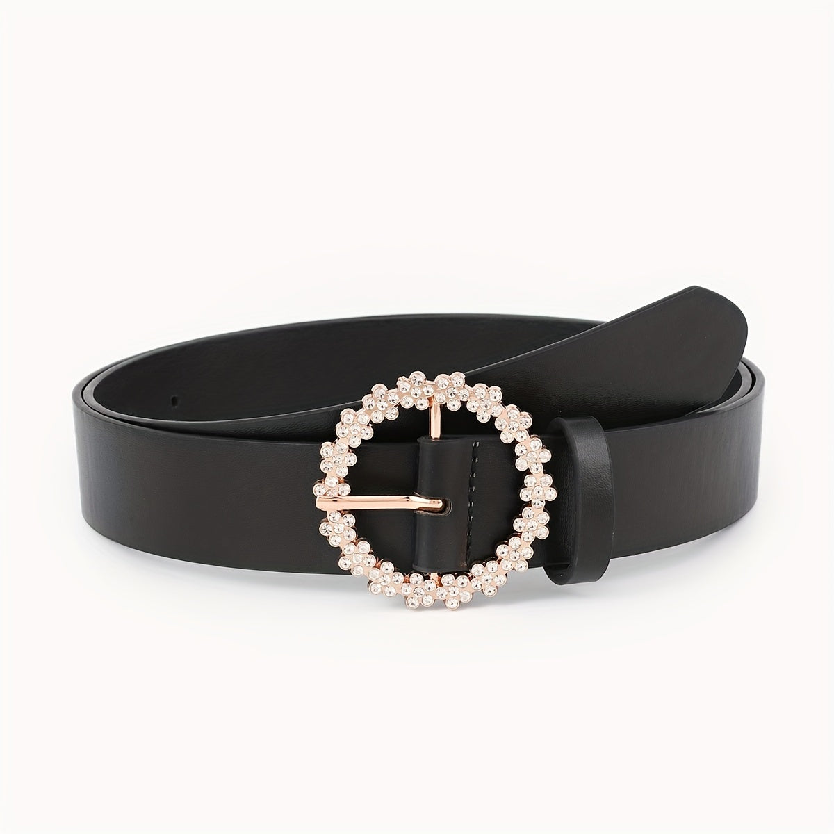 Chic Black PU Leather Belt with Rhinestone Buckle