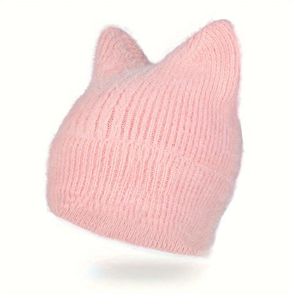 Knit Beanie with Cat Ears, Soft Stretchy Winter Hat