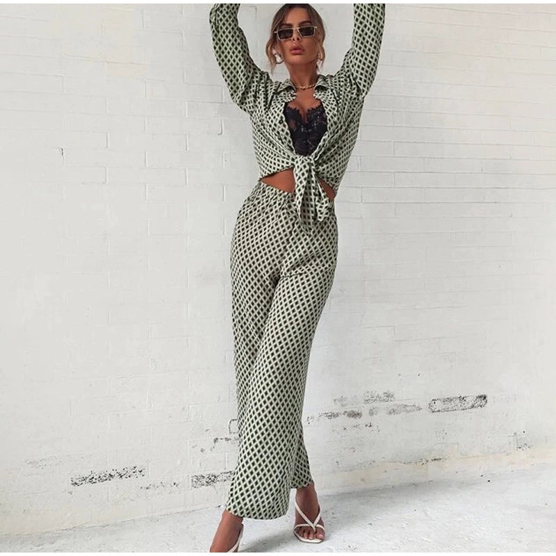 Cross border Hot Edition Street Trendy Print Trouser Set Long Sleeve Full Screen Print Off Shoulder Shirt Set