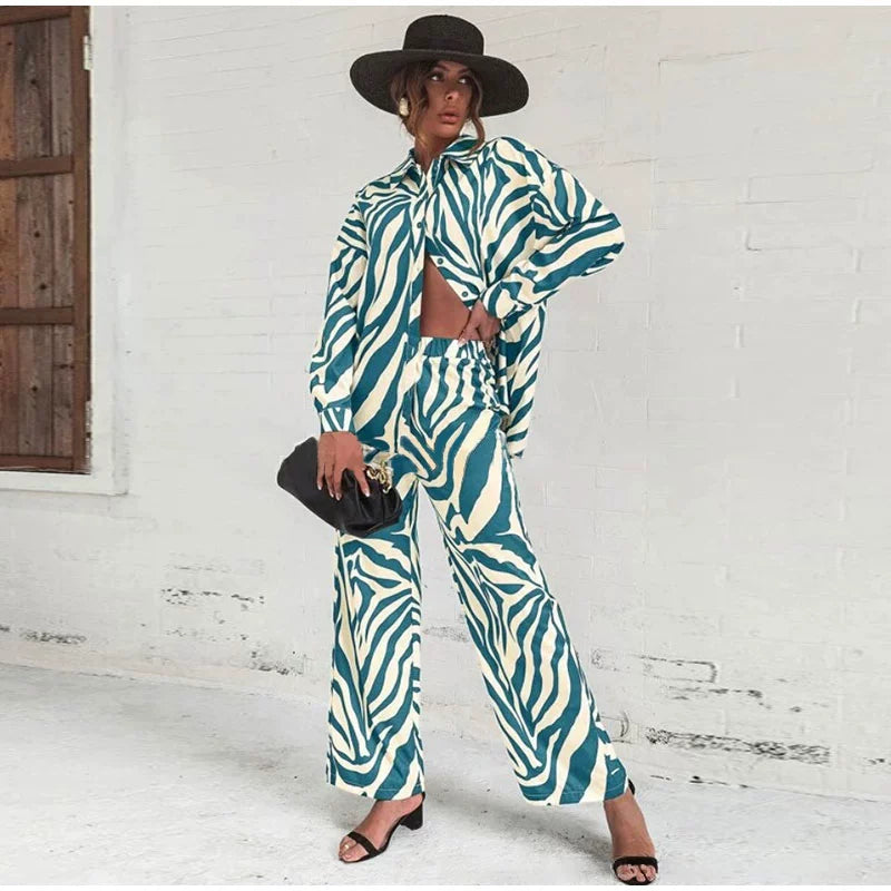 Cross border Hot Edition Street Trendy Print Trouser Set Long Sleeve Full Screen Print Off Shoulder Shirt Set