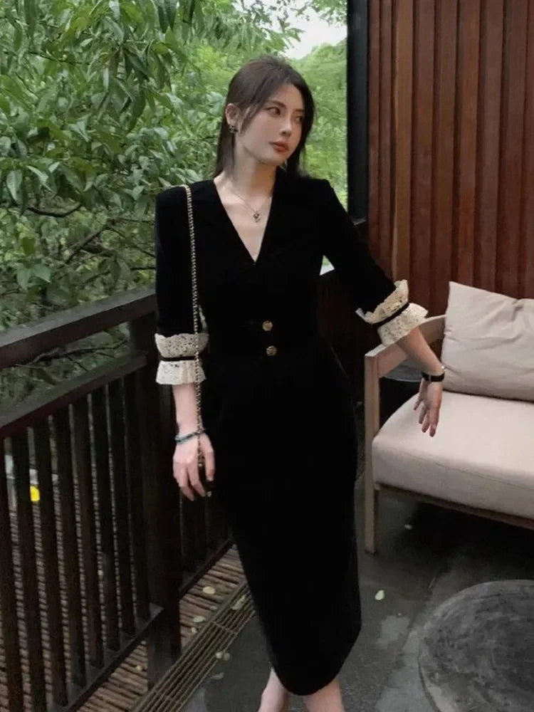 High-end Velvet Autumn/winter Women's Dress 2024 New Style Formal Occasion Gown Slim Fit Black Dress Female Fashion