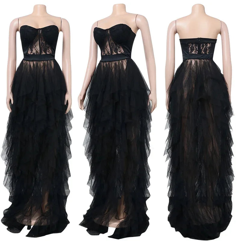 Tulle Cascading Ruffles Evening Long Dresses