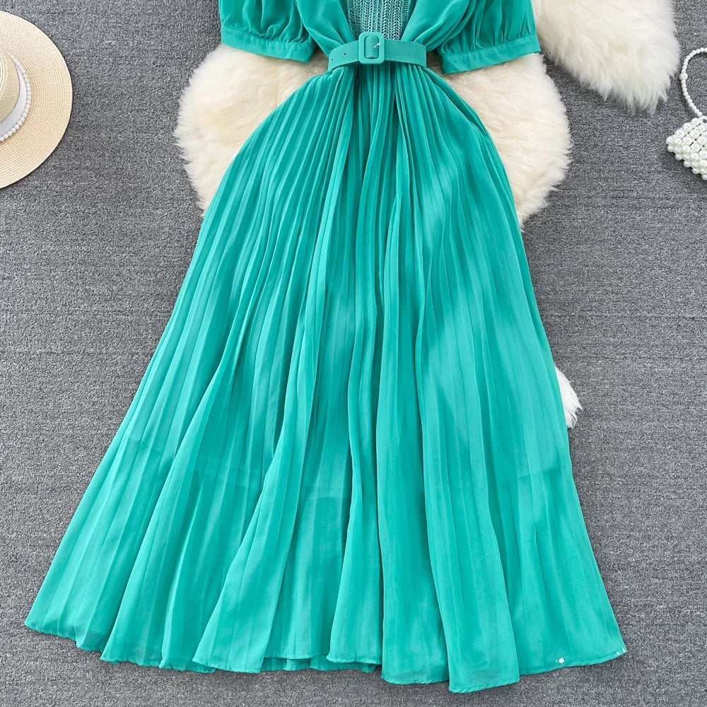 Elegant Dress Lace Belt Short sleeved Back Zip Pleated Chiffon A-line