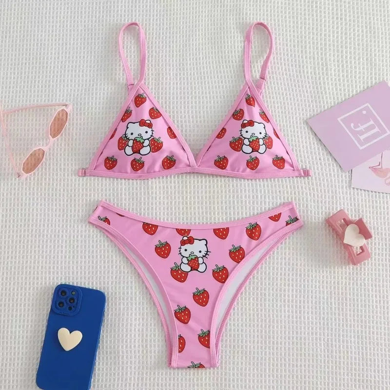 2024 Hellokitty Cute Girls Sexy Bikinis Set Print Bikini Swimsuit Women Swimwear Beachwear Lingerie Elasticity Slips On Vacation