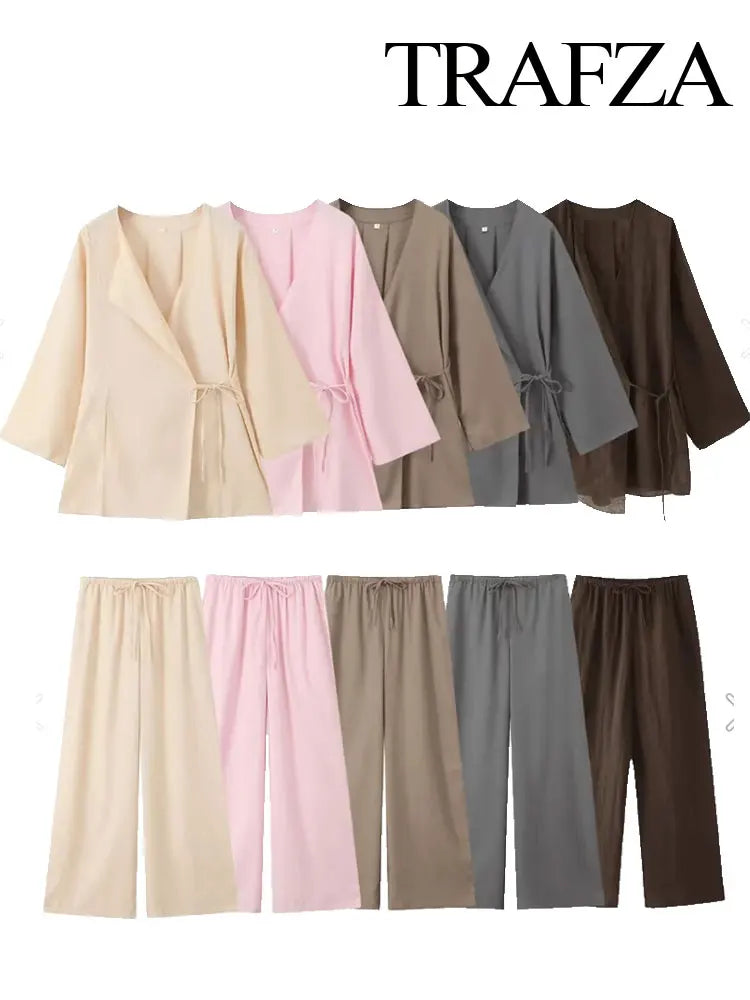 Linen Solid Color Shirt Set Belted Cardigan Kimono Top + High Waist Women's Pleated Pants 2-piece