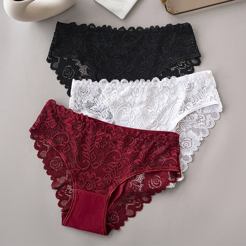 3PCS Luxury Floral Embroidery Lace Panties