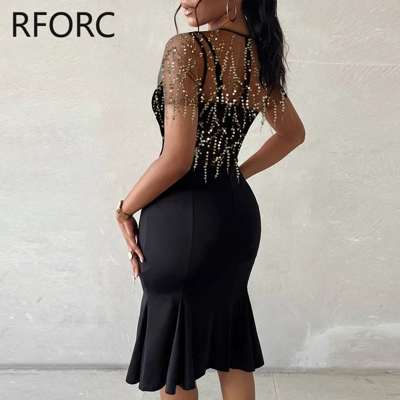 Contrast Mesh Patch Sequin Tassels Midi