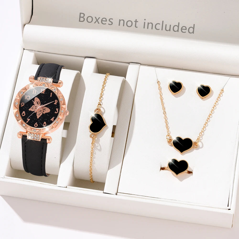 1PCS Simple Luxury Butterfly Element Leather Strap Watch Black Casual Fashion Quartz Watch Is The Perfect Gift For Her (No Box)