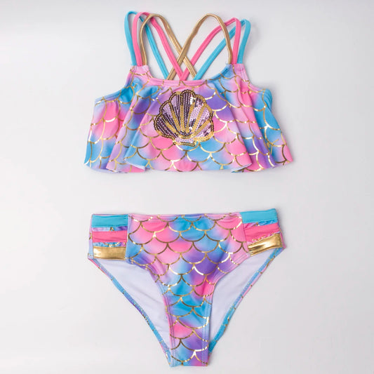 3-8 Years Shell Kids Girls Bikinis Set 2024 Children Falbala Swimwear Swimsuit Rainbow Kid Girl Biquini Infantil Bathing Suit