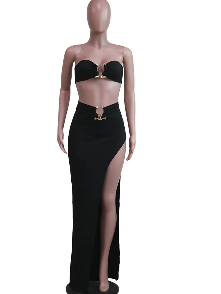 New Chic Gold Ring Bandeau Slit Skirt Two-Piece Set