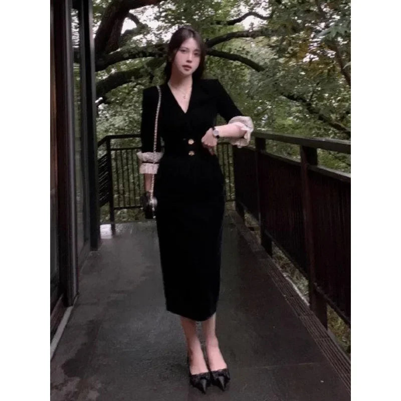 High-end Velvet Autumn/winter Women's Dress 2024 New Style Formal Occasion Gown Slim Fit Black Dress Female Fashion