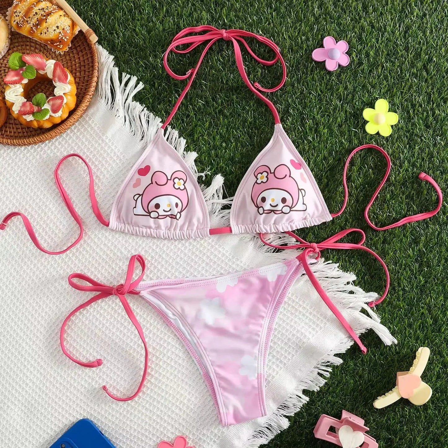 2024 Hellokitty Cute Girls Sexy Bikinis Set Print Bikini Swimsuit Women Swimwear Beachwear Lingerie Elasticity Slips On Vacation