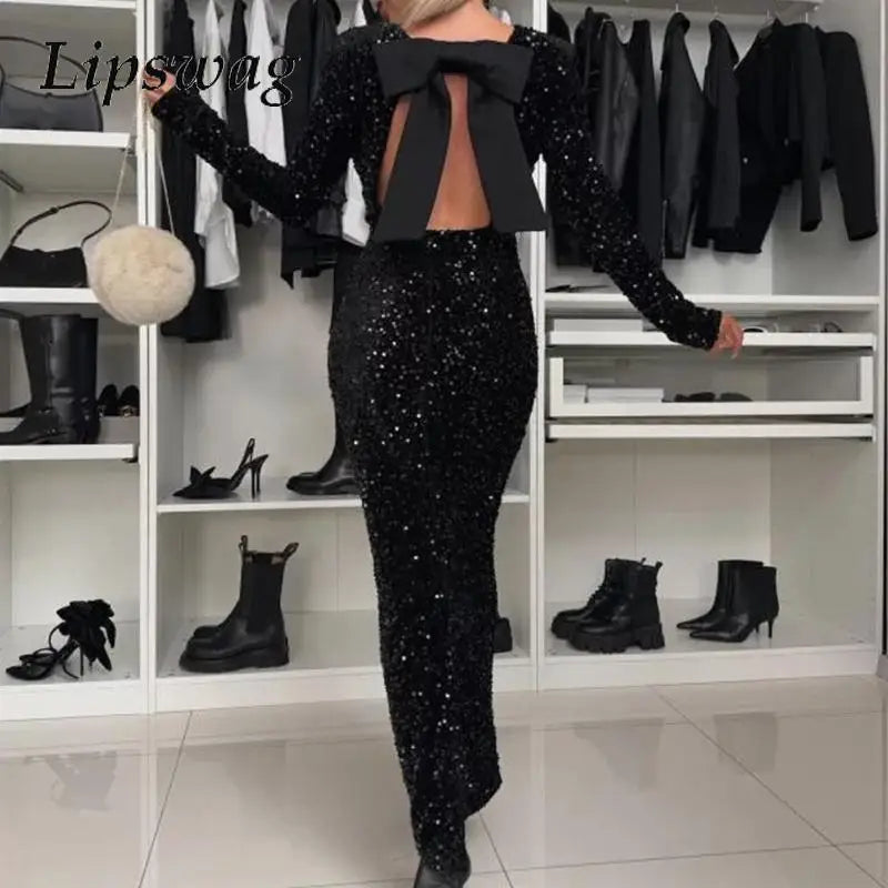 Women Banquet O-Neck Bow Decoration Dress New Fashion Long Sleeve Festival Long Dress Formal Occasion Shinny Sequins Party Dress