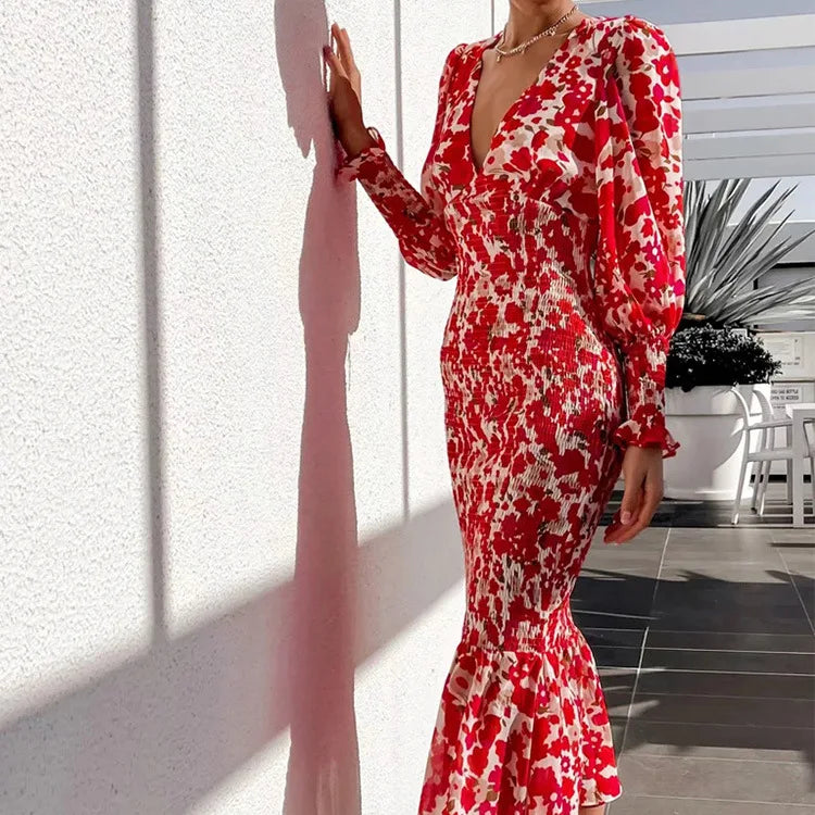 Lantern Sleeve Printed Evening Women Dress Elegant