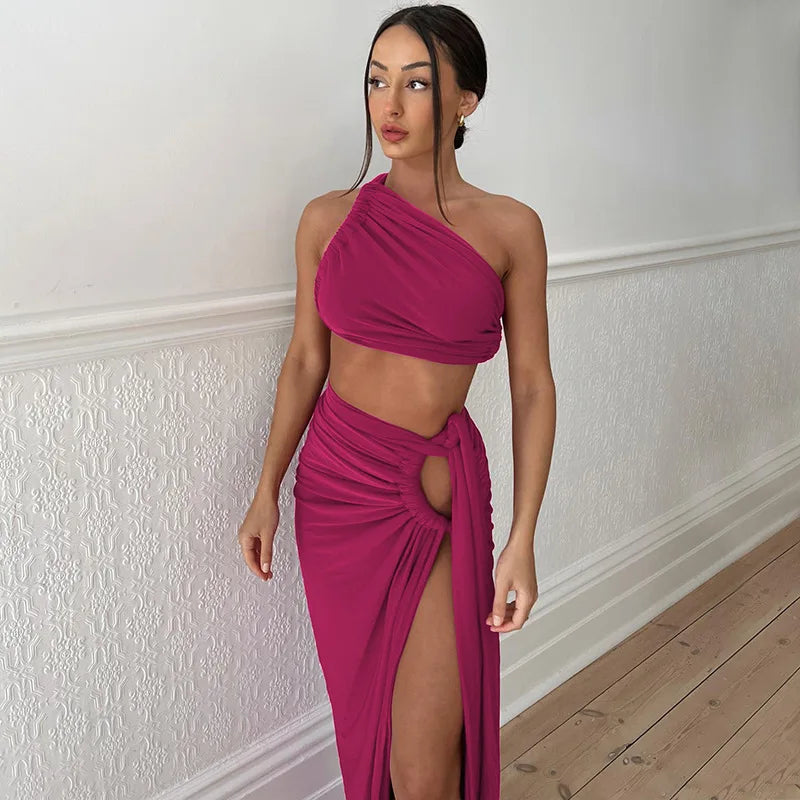 One Shoulder Backless Crop Top Tanks and Long Split Skirt Two Piece Matching