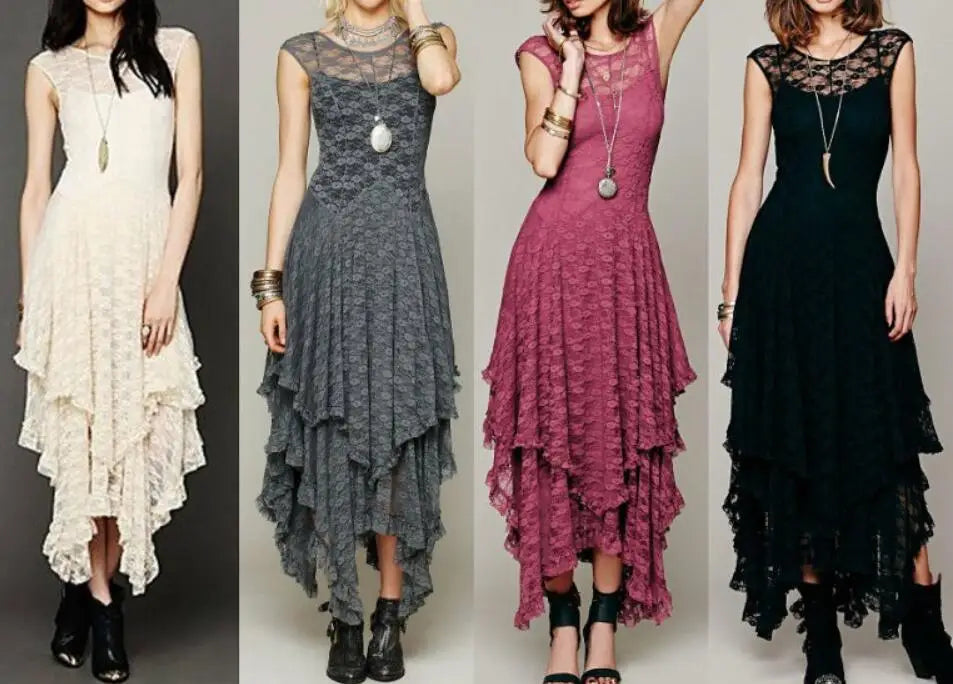 Spring/Summer New Irregular Lace Sleeveless Round Neck Solid Color Dress