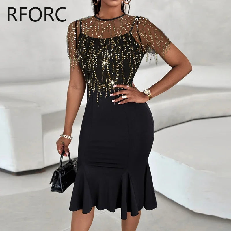 Contrast Mesh Patch Sequin Tassels Midi