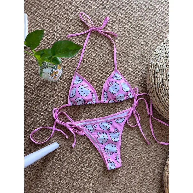 2024 Hellokitty Cute Girls Sexy Bikinis Set Print Bikini Swimsuit Women Swimwear Beachwear Lingerie Elasticity Slips On Vacation