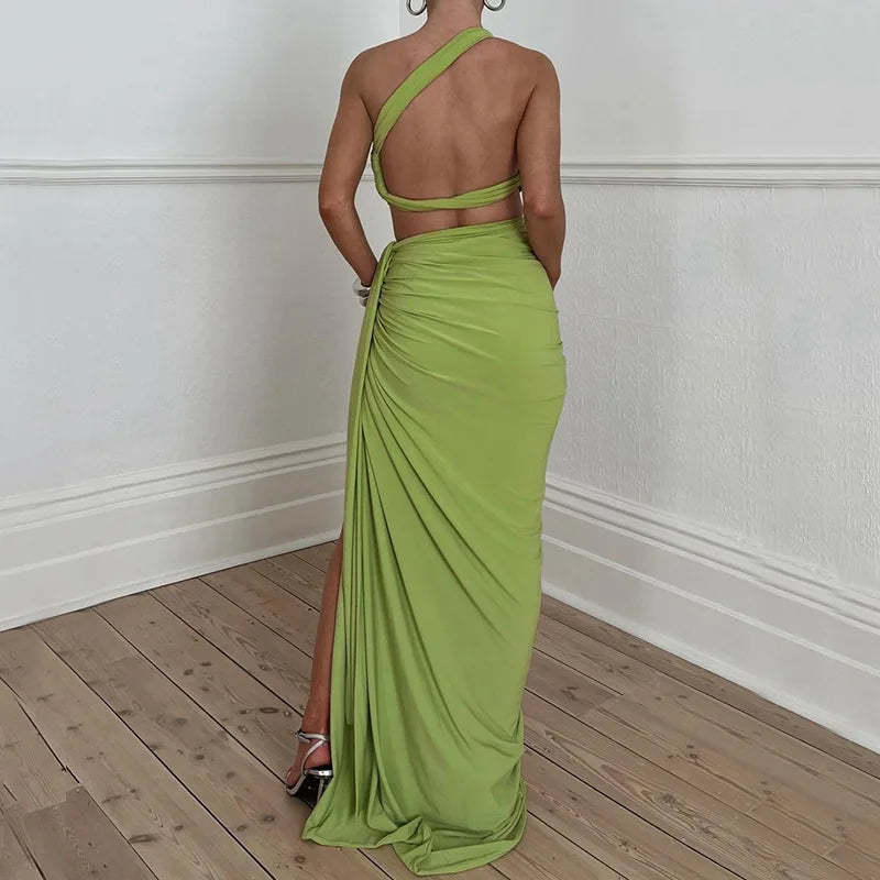 One Shoulder Backless Crop Top Tanks and Long Split Skirt Two Piece Matching