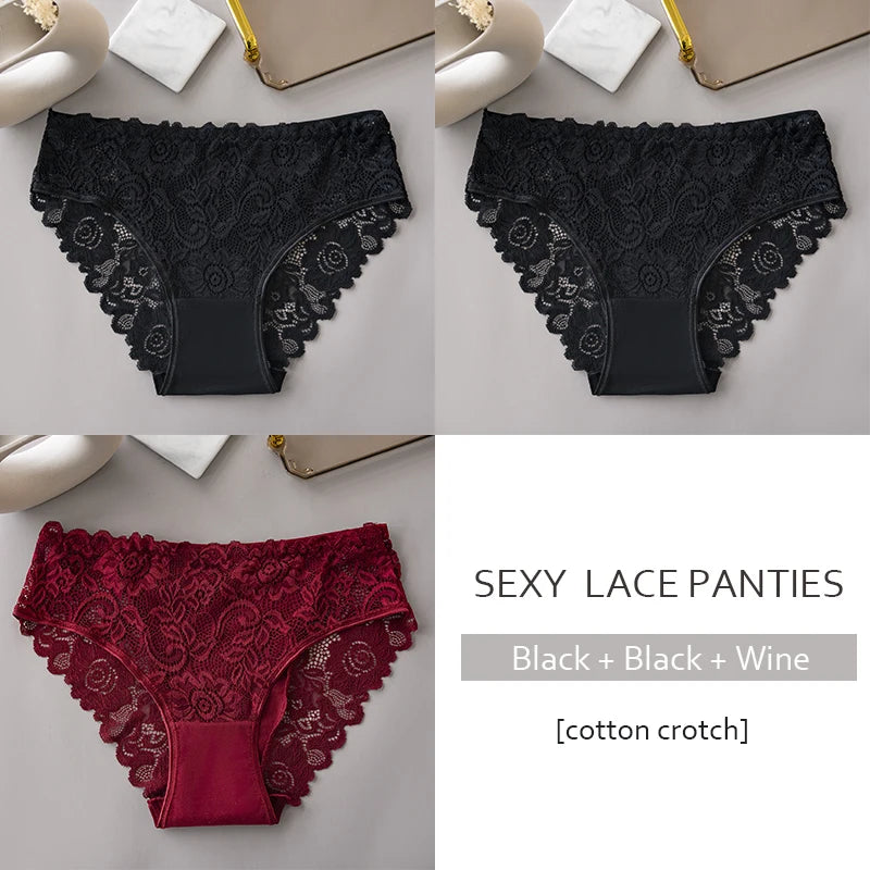 3PCS Luxury Floral Embroidery Lace Panties