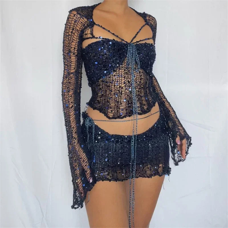 Glitter Sequins Knitted Skirt Sets 3 Piece