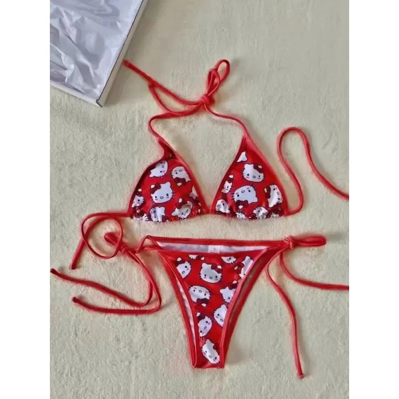 2024 Hellokitty Cute Girls Sexy Bikinis Set Print Bikini Swimsuit Women Swimwear Beachwear Lingerie Elasticity Slips On Vacation