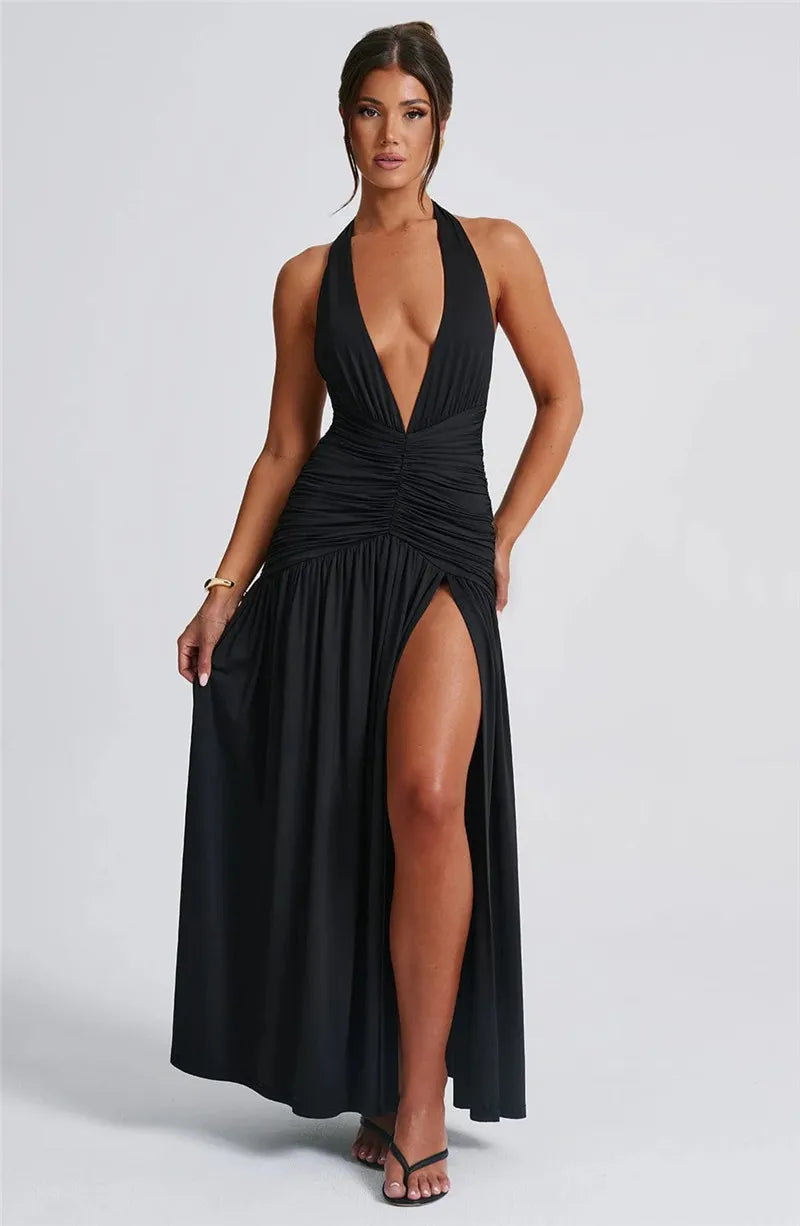 Halter Deep V Neck Backless Maxi Dress