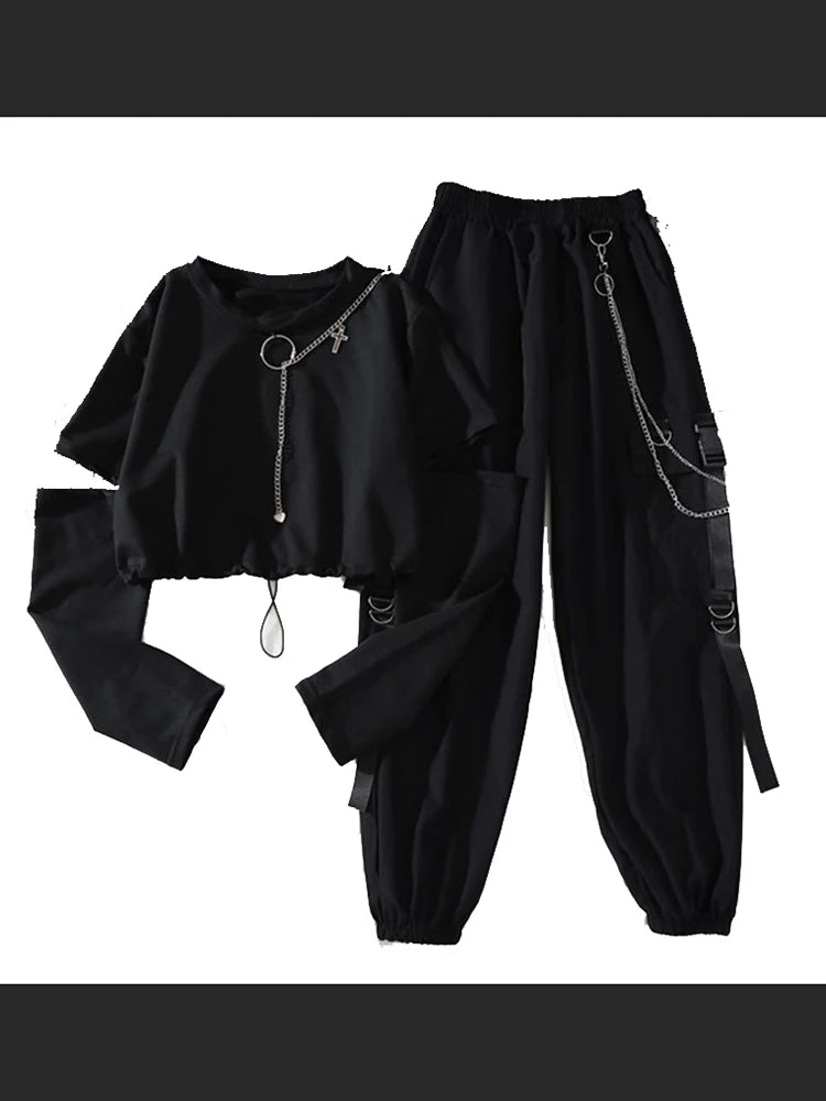 Cargo Pants Handsome Cool Two-piece Suit Chain Long Sleeve+Ribbon Pants