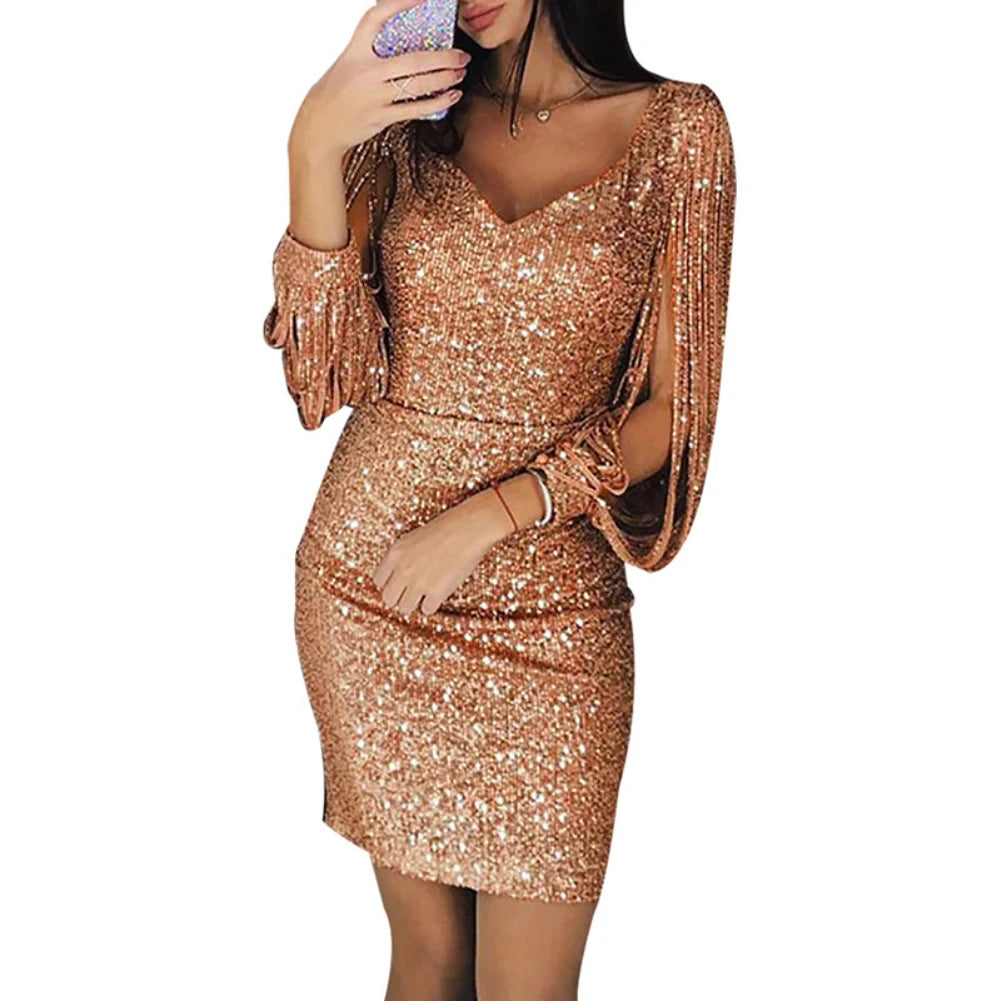 Women Dress Solid Color Long Sleeves V Neck Tassels Mini Dress