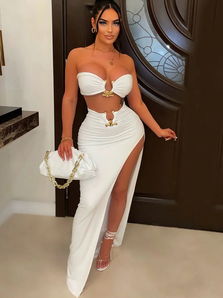 New Chic Gold Ring Bandeau Slit Skirt Two-Piece Set