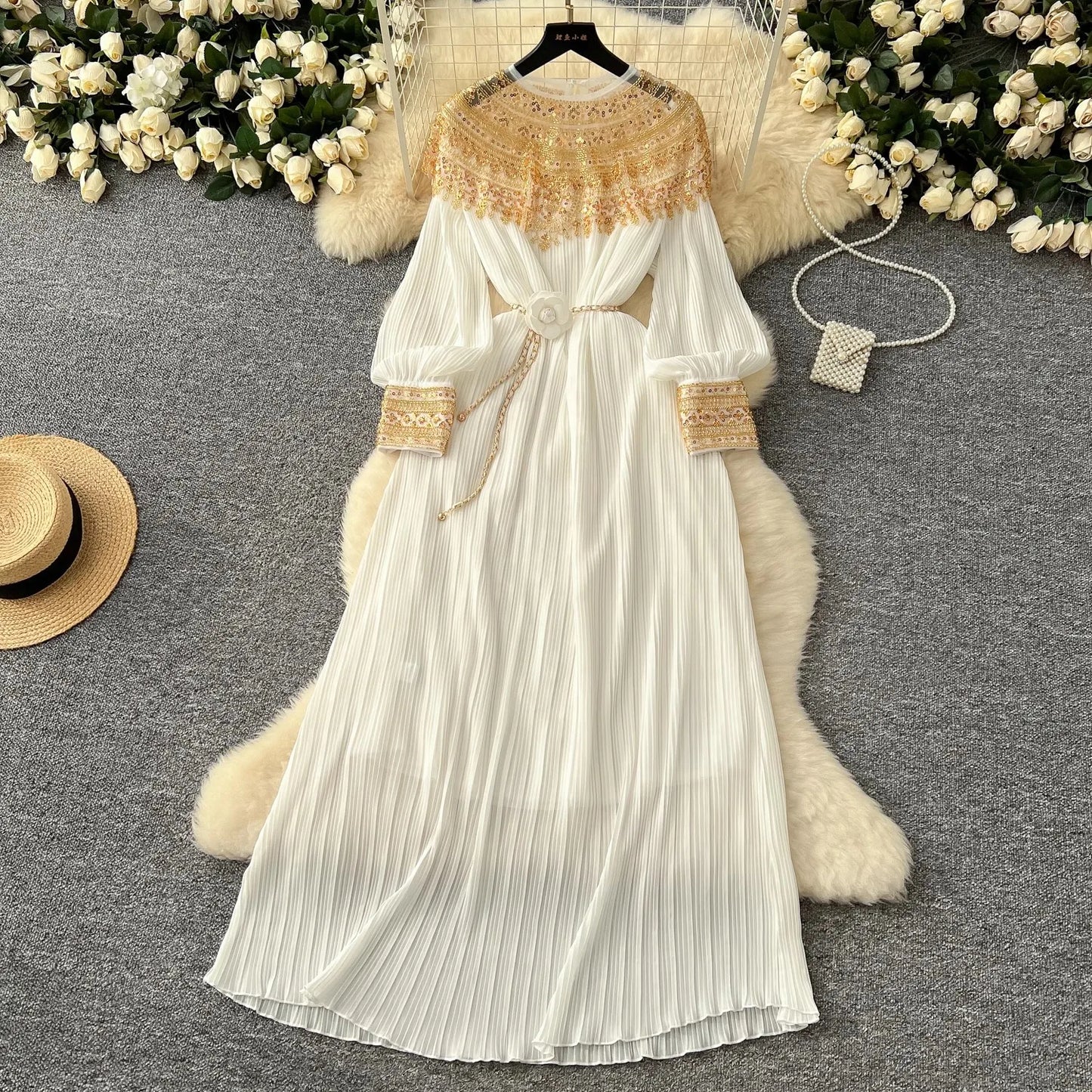 Luxury  Sequined Embroidery Beading Cape Splice Chiffon Formal Occasion Dresses