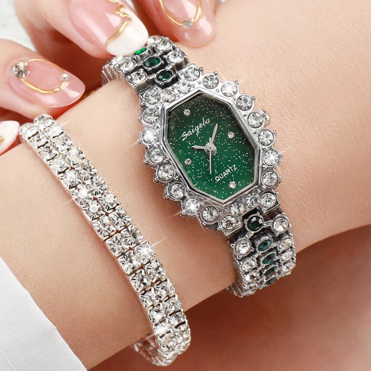 2PCS/Set Fashion Rhinestone Women's Watch Bracelet Band Ladies Quartz Watch（Without Box）