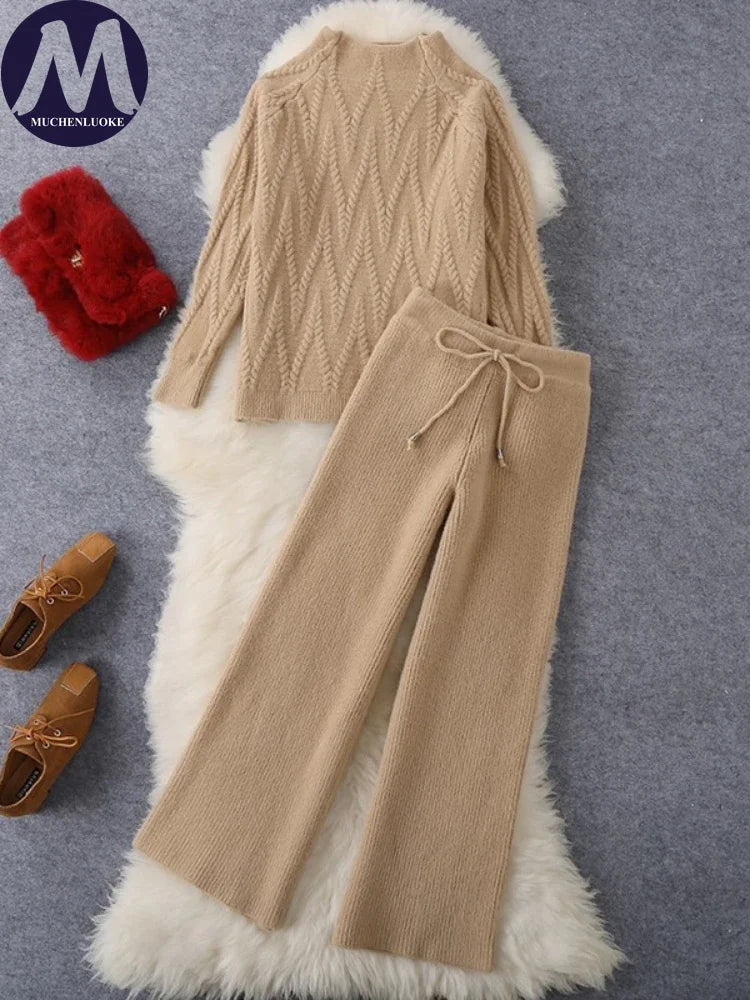 New Korean Fashion O Neck Knitted Sweater Top Casual Loose Lace Up Wide Leg Pant Sets