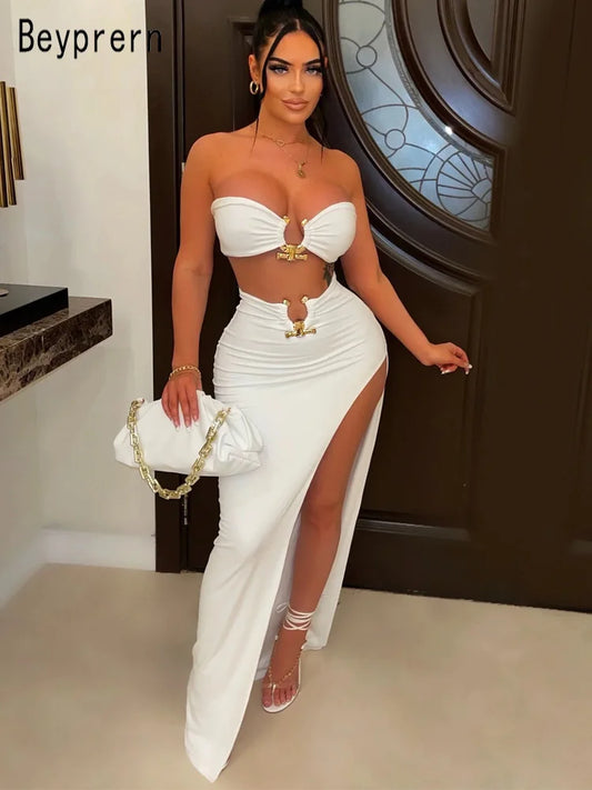 New Chic Gold Ring Bandeau Slit Skirt Two-Piece Set