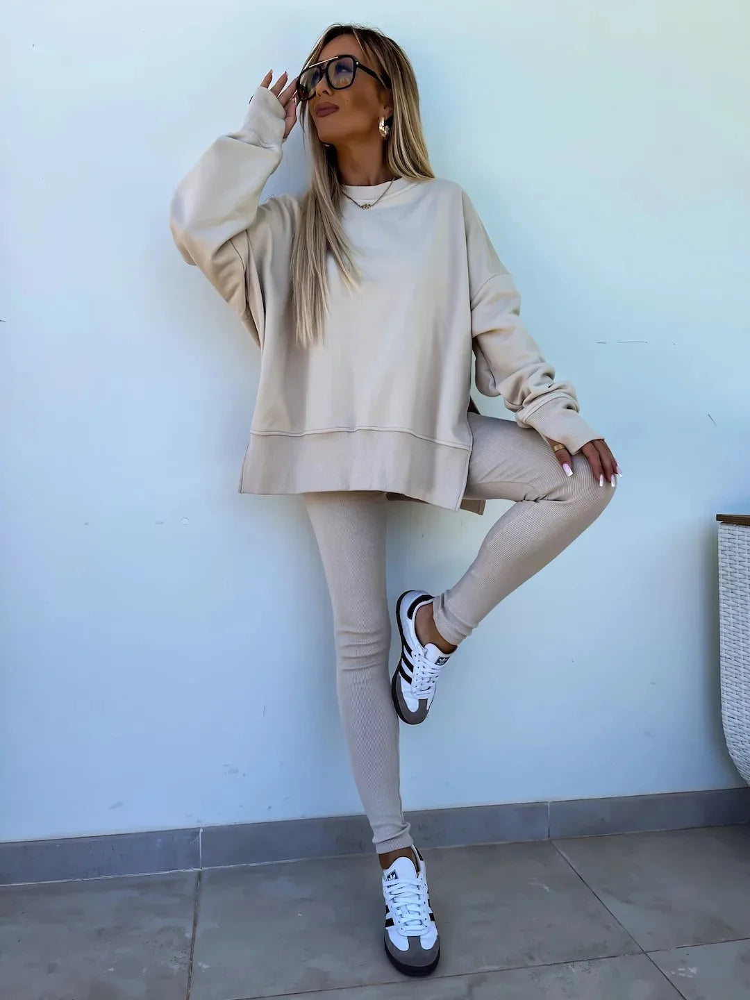 Shirt  casual loose-fitting sweater tight pants 2 piece