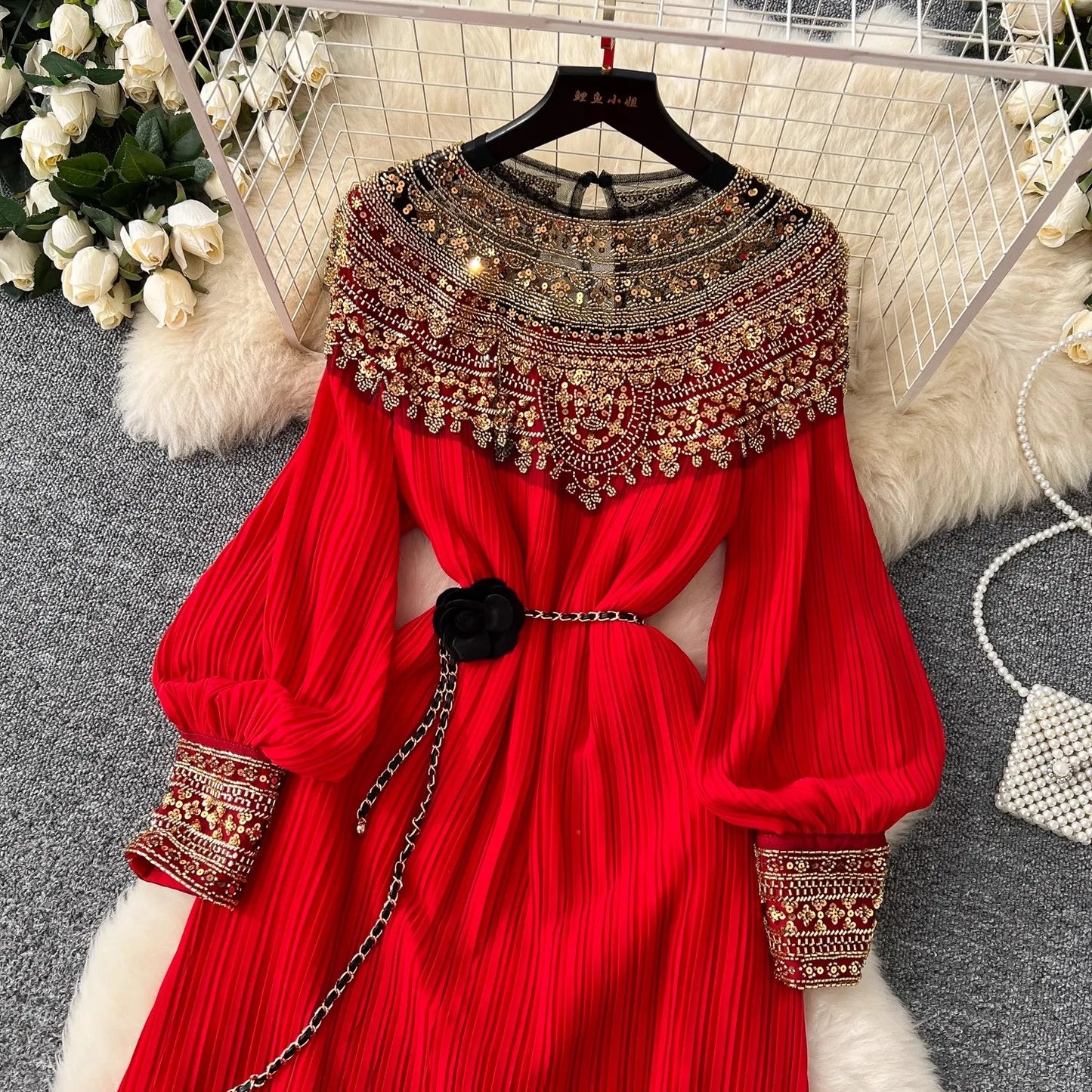 Luxury  Sequined Embroidery Beading Cape Splice Chiffon Formal Occasion Dresses